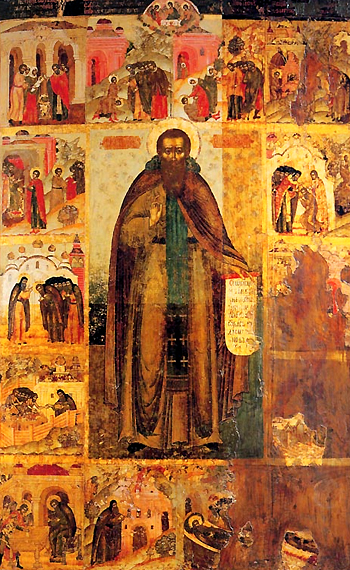 Преподобный Феодосий Печерский с житием в 14 клеймах. Икона XV в.