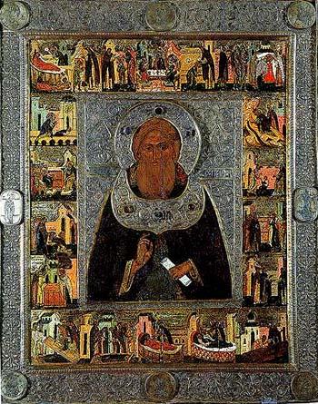 Преподобный Сергий Радонежский с Житием <BR>(В 1591 г. келарь Троице-Сергиева монастыря Евстафий Головкин написал икону на доске от гроба Преподобного, украсил икону окладом и вложил в монастырь)